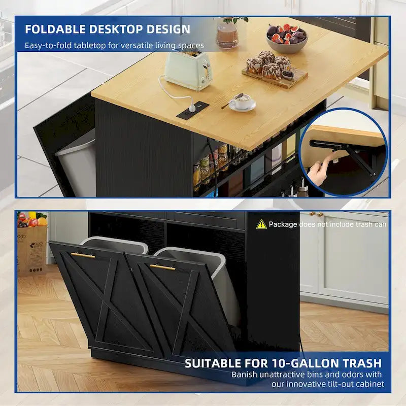 Kitchen Island Drop Leaf Double Tilt-Out Trash Cabinet with Power Outlet & Wheels