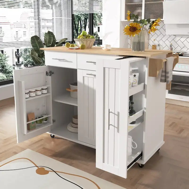 Kitchen Island with Drop Leaf, Storage Cart with 3-Tier Pull-Out Organizer and Towel Rack on Wheels
