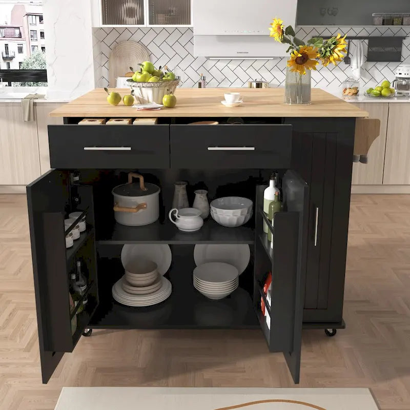 Kitchen Island with Drop Leaf, Storage Cart with 3-Tier Pull-Out Organizer and Towel Rack on Wheels