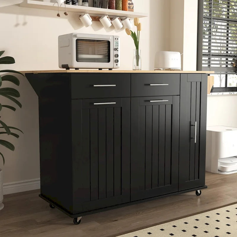 Kitchen Island with Drop Leaf, Storage Cart with 3-Tier Pull-Out Organizer and Towel Rack on Wheels