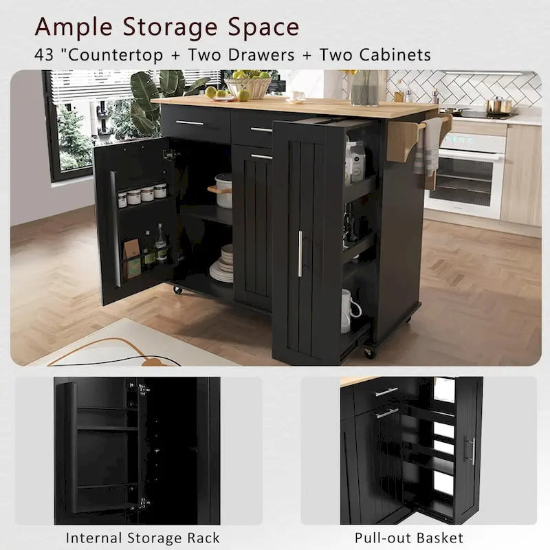 Kitchen Island with Drop Leaf, Storage Cart with 3-Tier Pull-Out Organizer and Towel Rack on Wheels