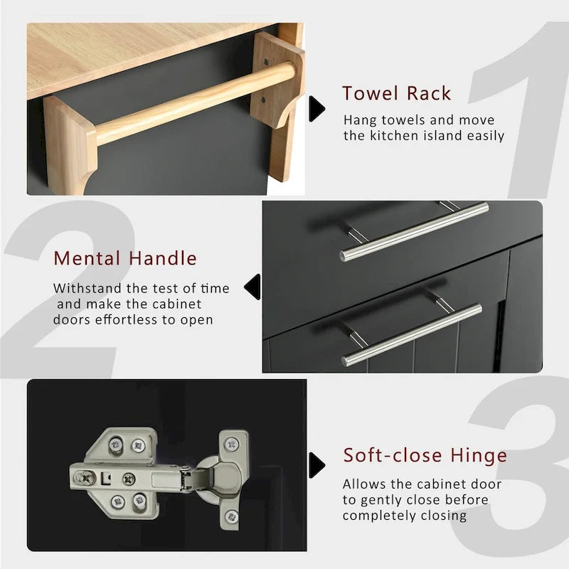 Kitchen Island with Drop Leaf, Storage Cart with 3-Tier Pull-Out Organizer and Towel Rack on Wheels