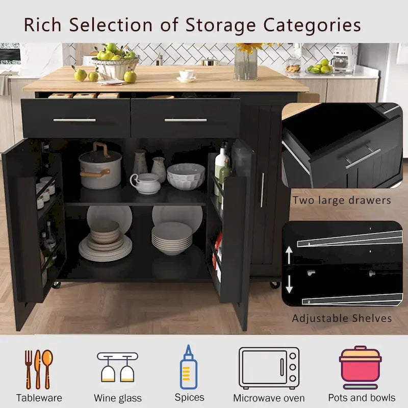 Kitchen Island with Drop Leaf, Storage Cart with 3-Tier Pull-Out Organizer and Towel Rack on Wheels