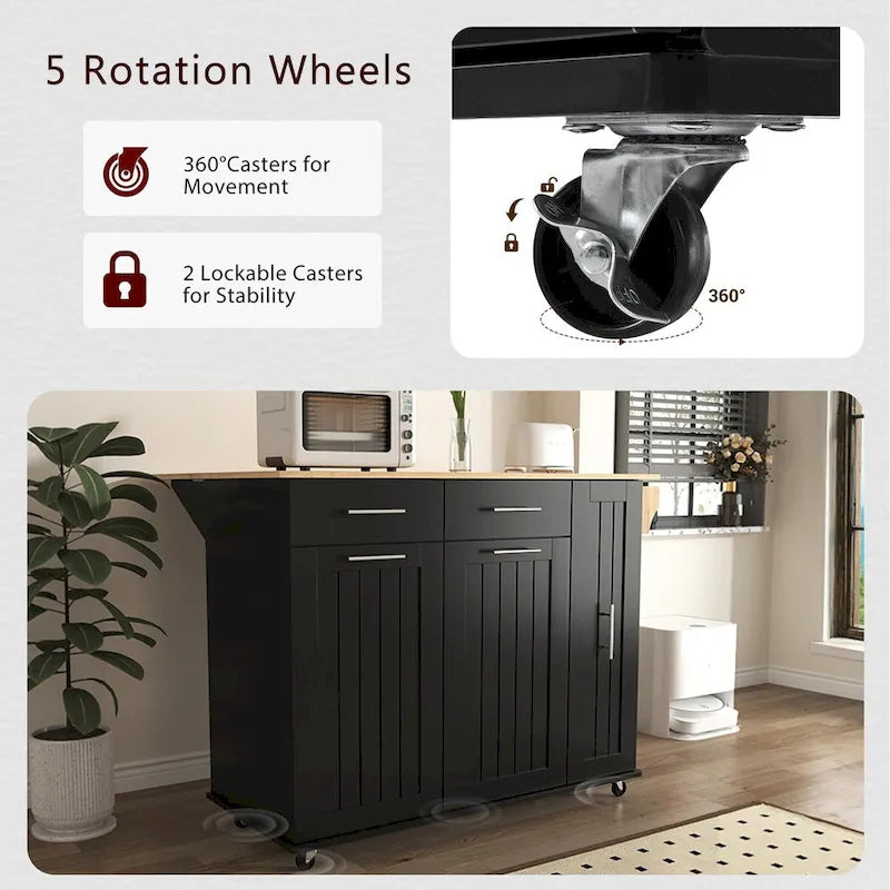 Kitchen Island with Drop Leaf, Storage Cart with 3-Tier Pull-Out Organizer and Towel Rack on Wheels
