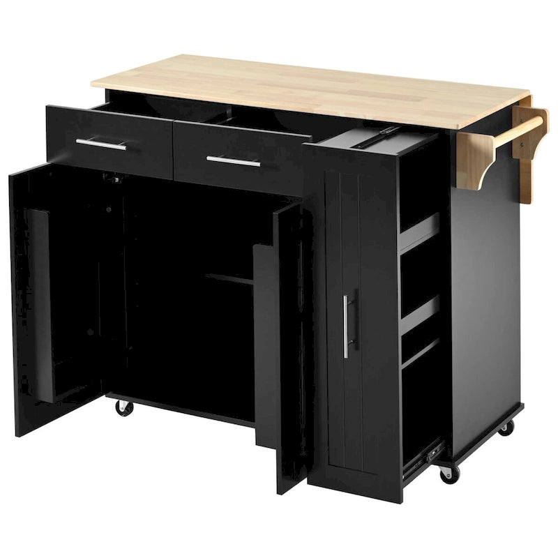 Kitchen Island with Drop Leaf, Storage Cart with 3-Tier Pull-Out Organizer and Towel Rack on Wheels