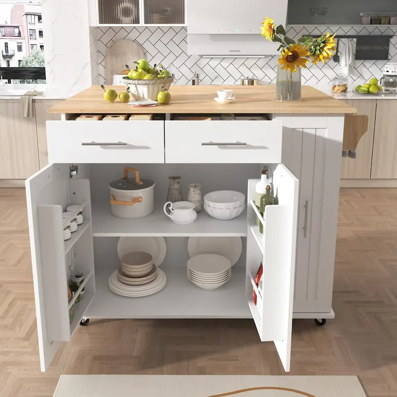Kitchen Island with Drop Leaf, Storage Cart with 3-Tier Pull-Out Organizer and Towel Rack on Wheels