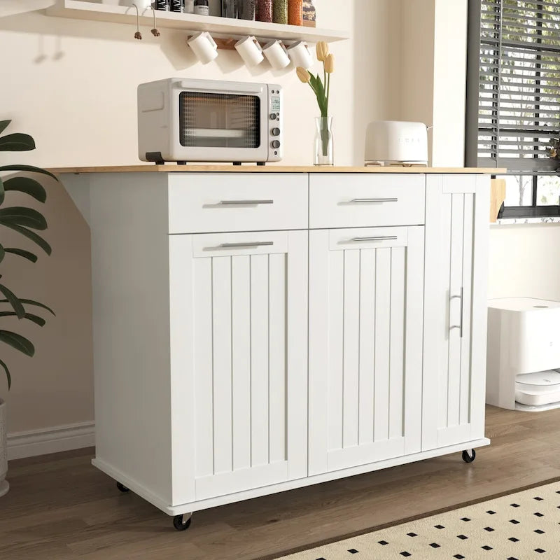 Kitchen Island with Drop Leaf, Storage Cart with 3-Tier Pull-Out Organizer and Towel Rack on Wheels
