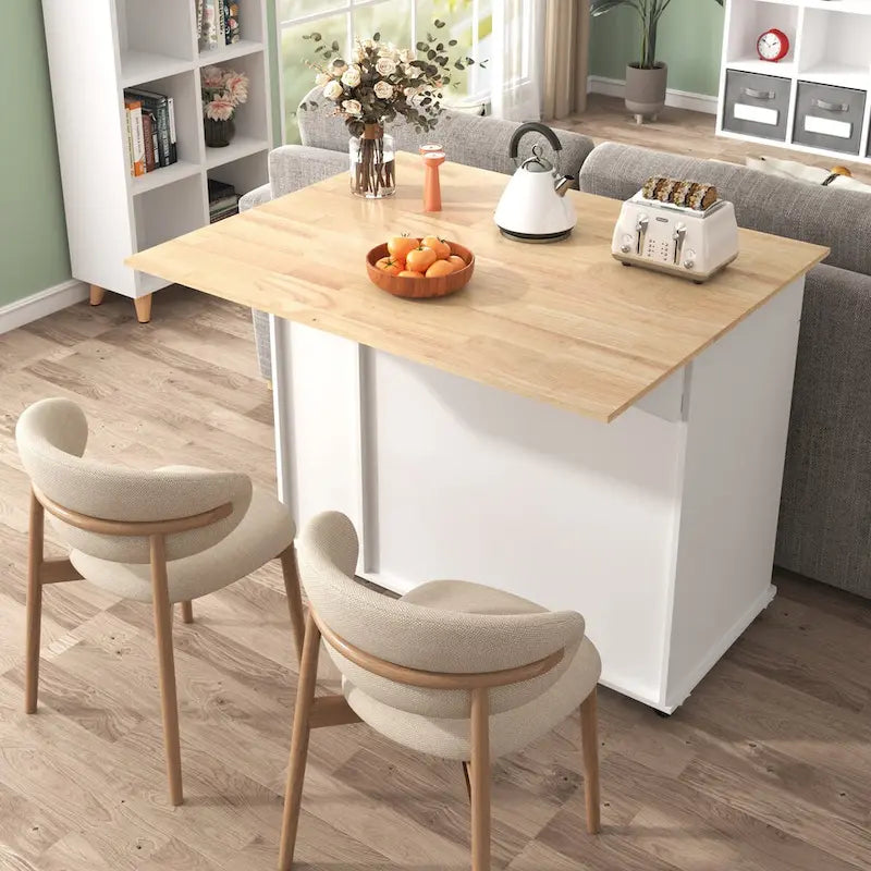 Kitchen Island with Drop Leaf, Storage Cart with 3-Tier Pull-Out Organizer and Towel Rack on Wheels
