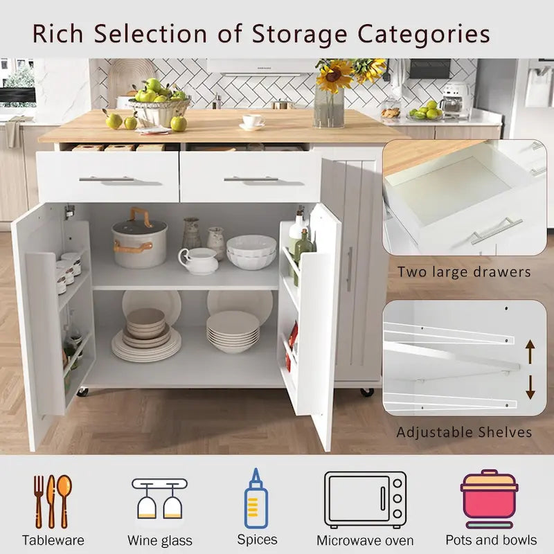 Kitchen Island with Drop Leaf, Storage Cart with 3-Tier Pull-Out Organizer and Towel Rack on Wheels