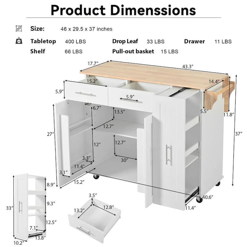 Kitchen Island with Drop Leaf, Storage Cart with 3-Tier Pull-Out Organizer and Towel Rack on Wheels