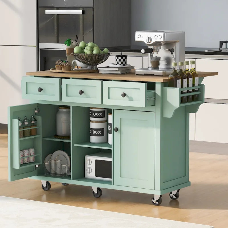 Kitchen Cart with Drop-Leaf Countertop, 5 Wheels, Storage Cabinet and 3 Drawers