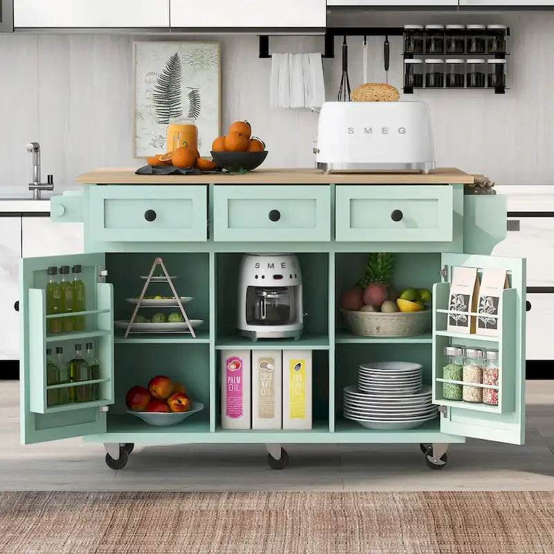 Kitchen Cart with Drop-Leaf Countertop, 5 Wheels, Storage Cabinet and 3 Drawers