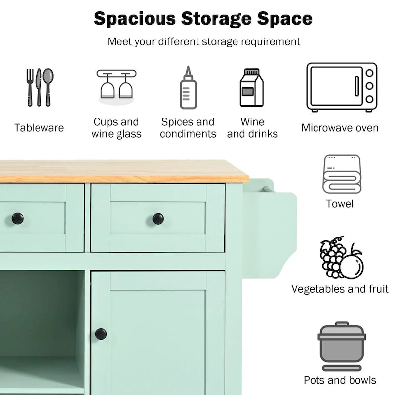 Kitchen Cart with Drop-Leaf Countertop, 5 Wheels, Storage Cabinet and 3 Drawers