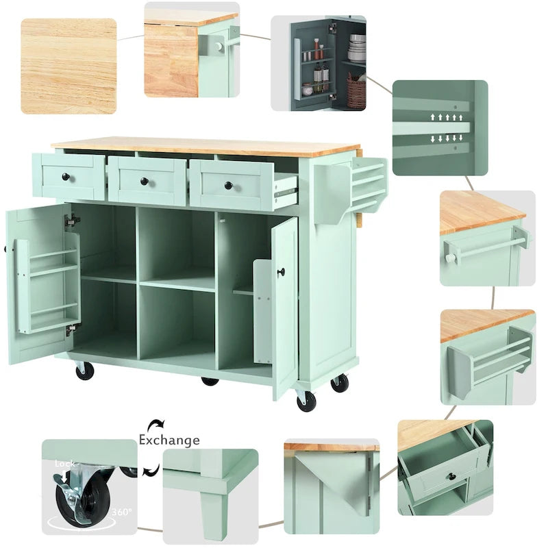 Kitchen Cart with Drop-Leaf Countertop, 5 Wheels, Storage Cabinet and 3 Drawers