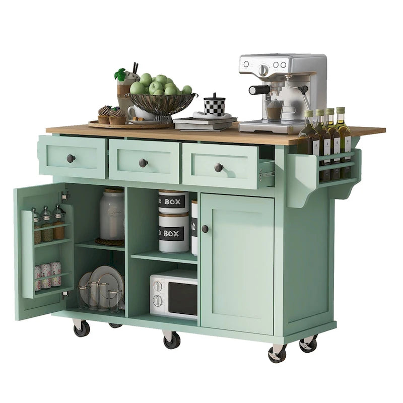 Kitchen Cart with Drop-Leaf Countertop, 5 Wheels, Storage Cabinet and 3 Drawers