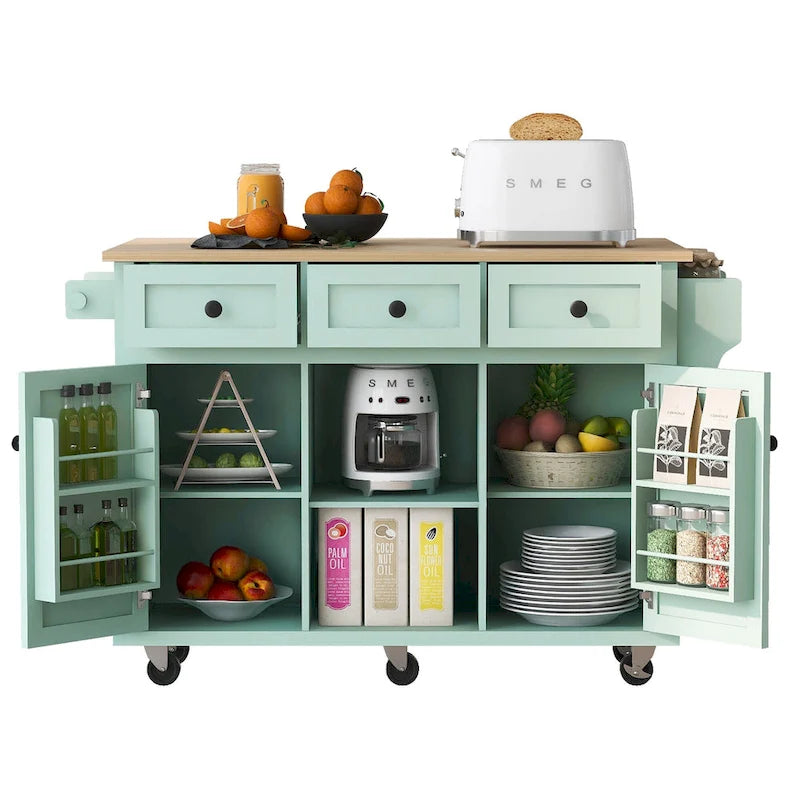 Kitchen Cart with Drop-Leaf Countertop, 5 Wheels, Storage Cabinet and 3 Drawers