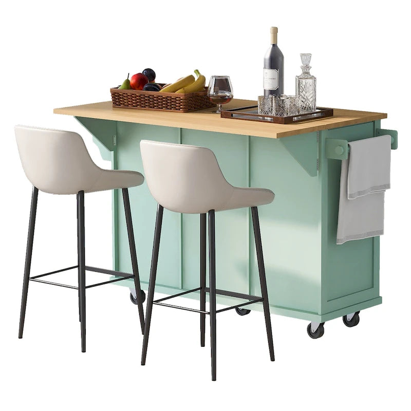 Kitchen Cart with Drop-Leaf Countertop, 5 Wheels, Storage Cabinet and 3 Drawers