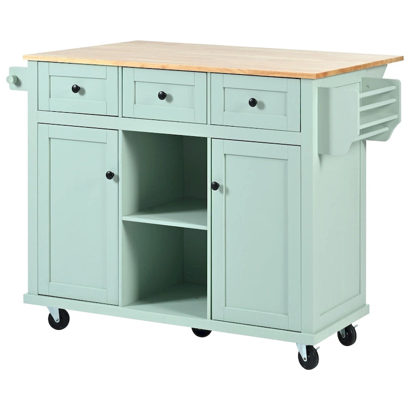 Kitchen Cart with Drop-Leaf Countertop, 5 Wheels, Storage Cabinet and 3 Drawers