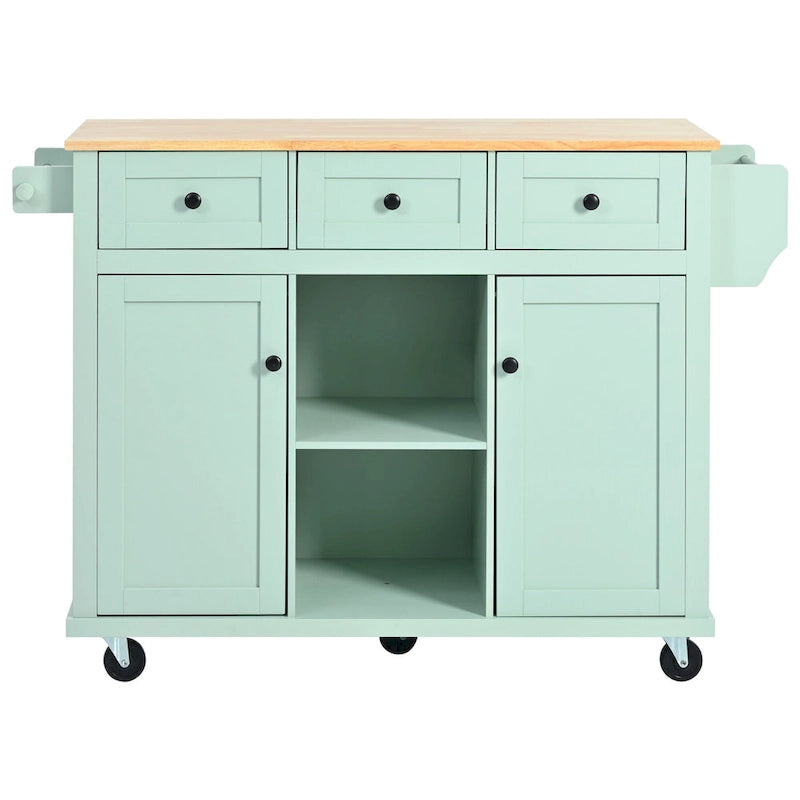 Kitchen Cart with Drop-Leaf Countertop, 5 Wheels, Storage Cabinet and 3 Drawers