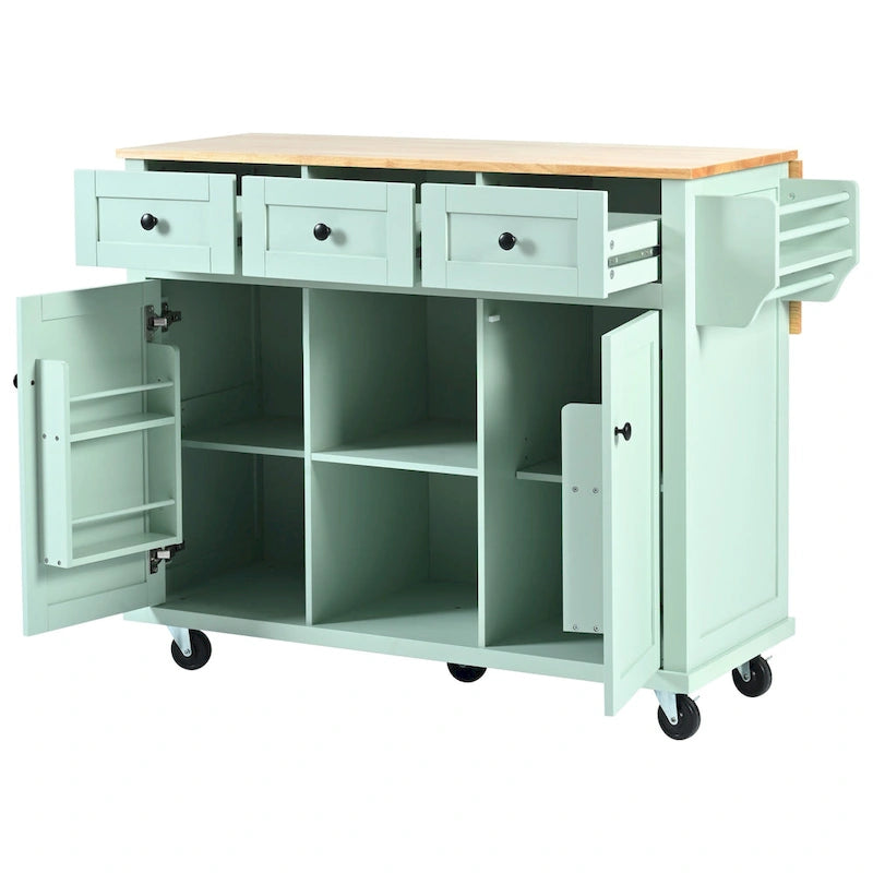 Kitchen Cart with Drop-Leaf Countertop, 5 Wheels, Storage Cabinet and 3 Drawers