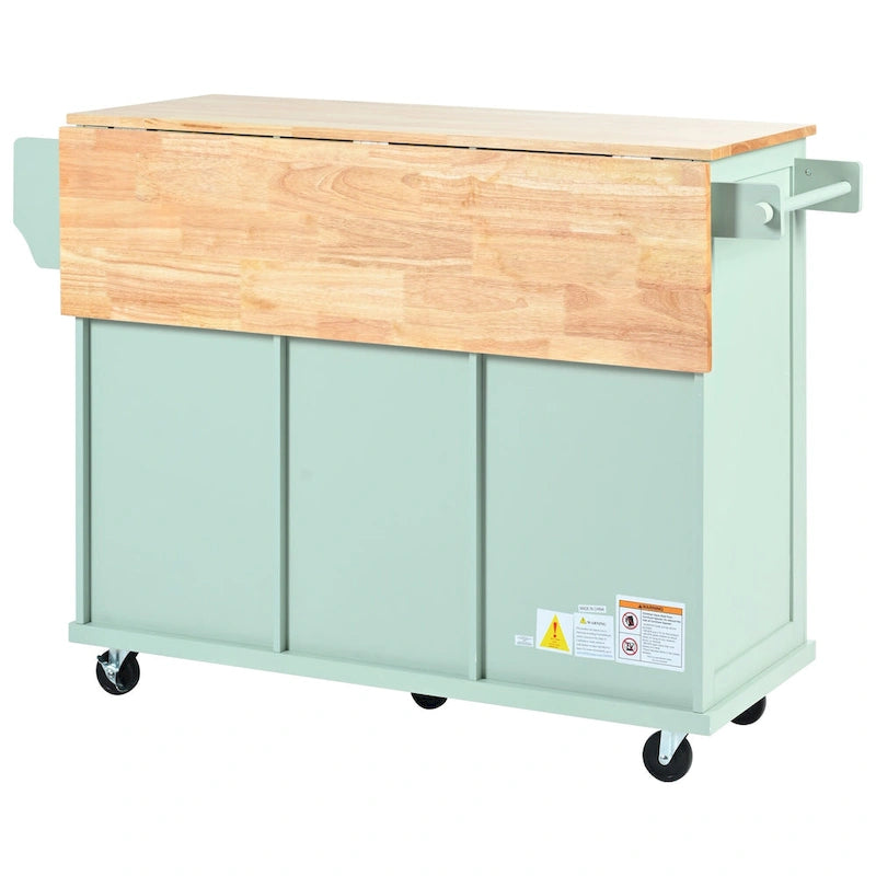 Kitchen Cart with Drop-Leaf Countertop, 5 Wheels, Storage Cabinet and 3 Drawers